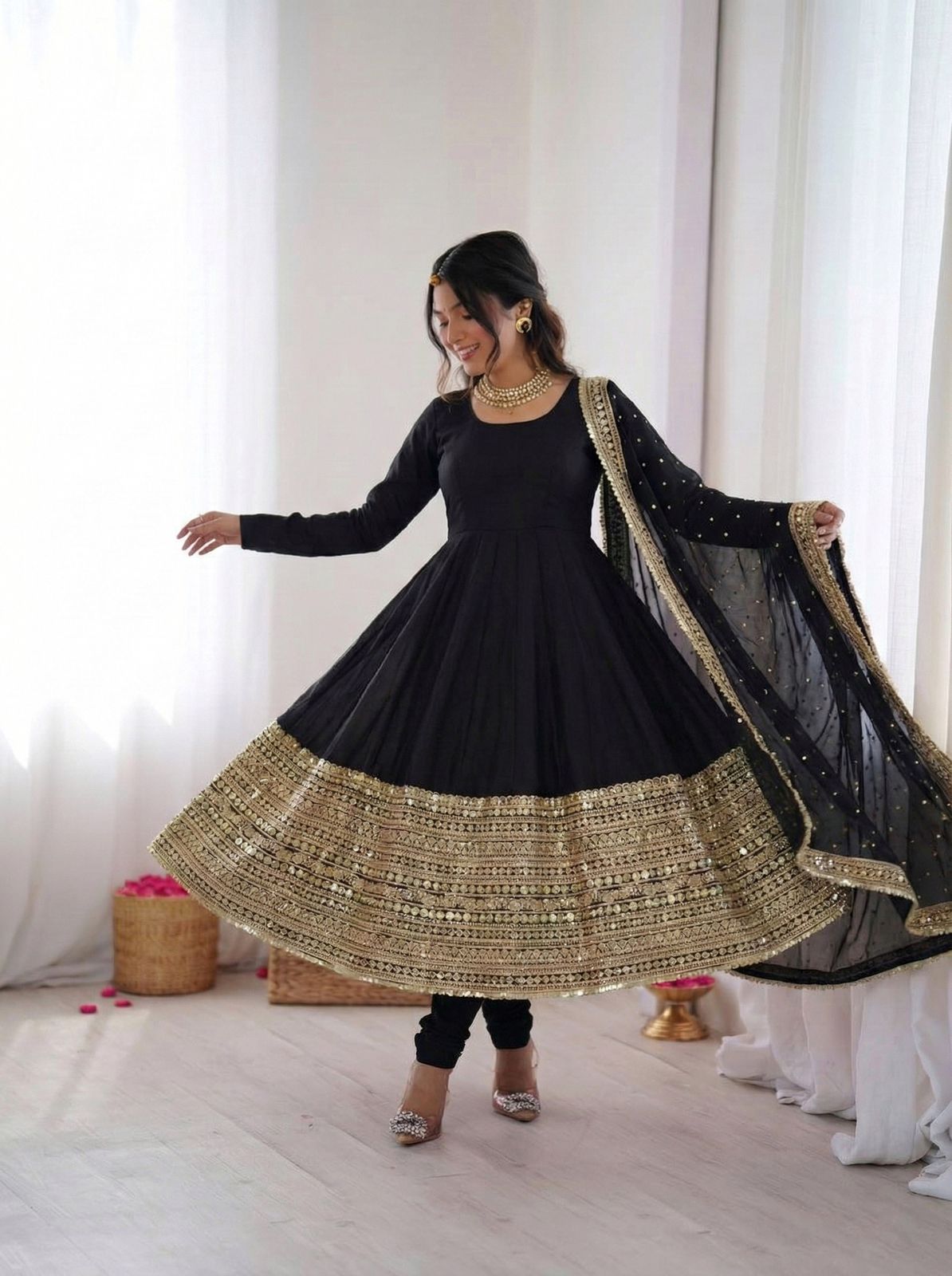 Black Silk Gown With bottom & Dupatta