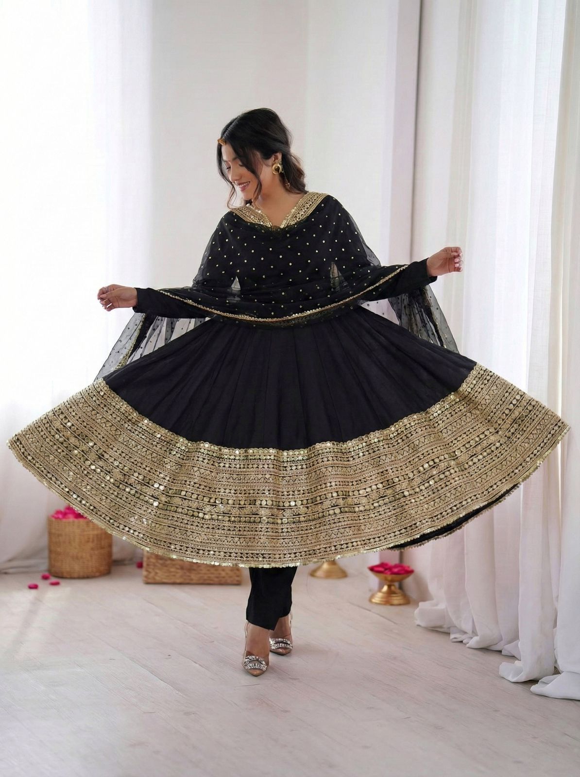 Black Silk Gown With bottom & Dupatta