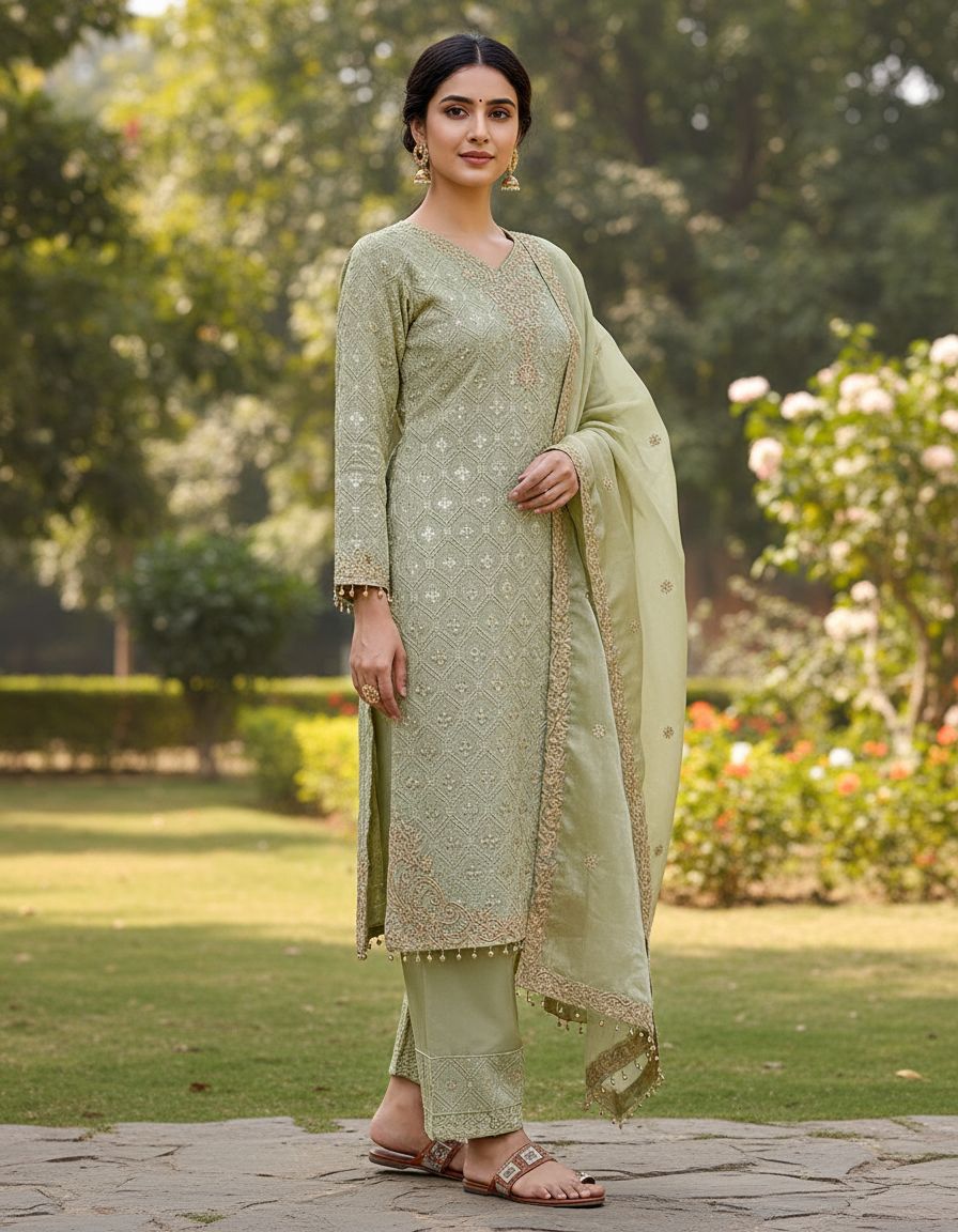 Festive Wear Olive Green Embroidered Suit Set