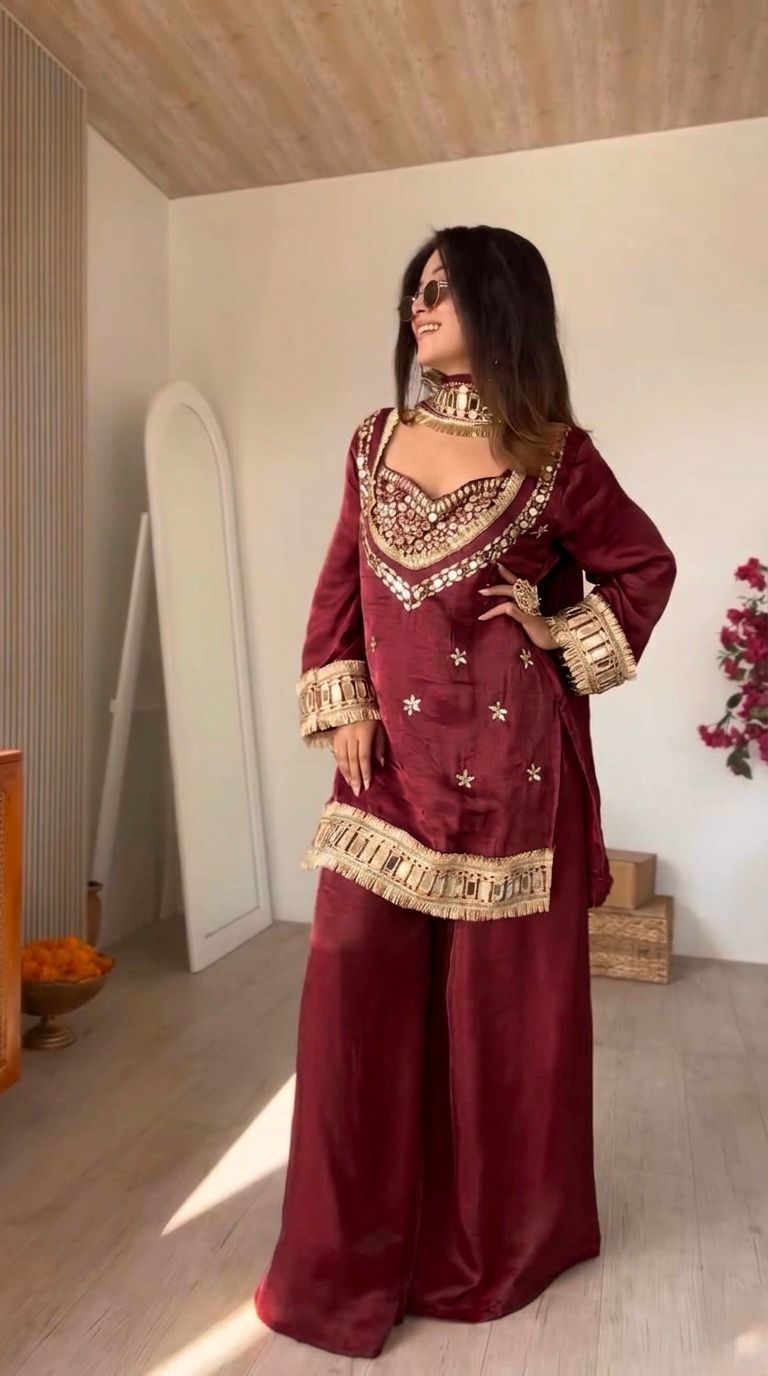 Premium Fendy Silk Mirror Work Top Sharara Set – Ready to Wear