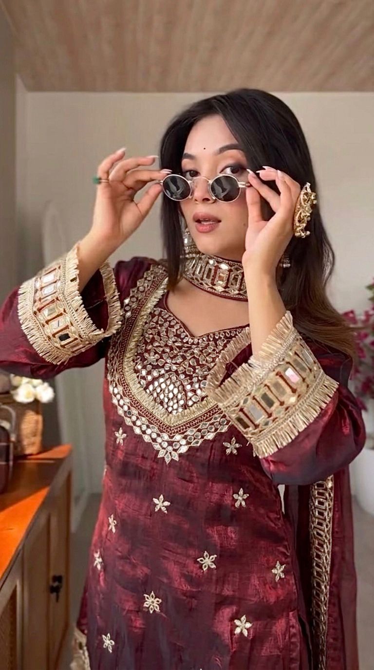 Premium Fendy Silk Mirror Work Top Sharara Set – Ready to Wear