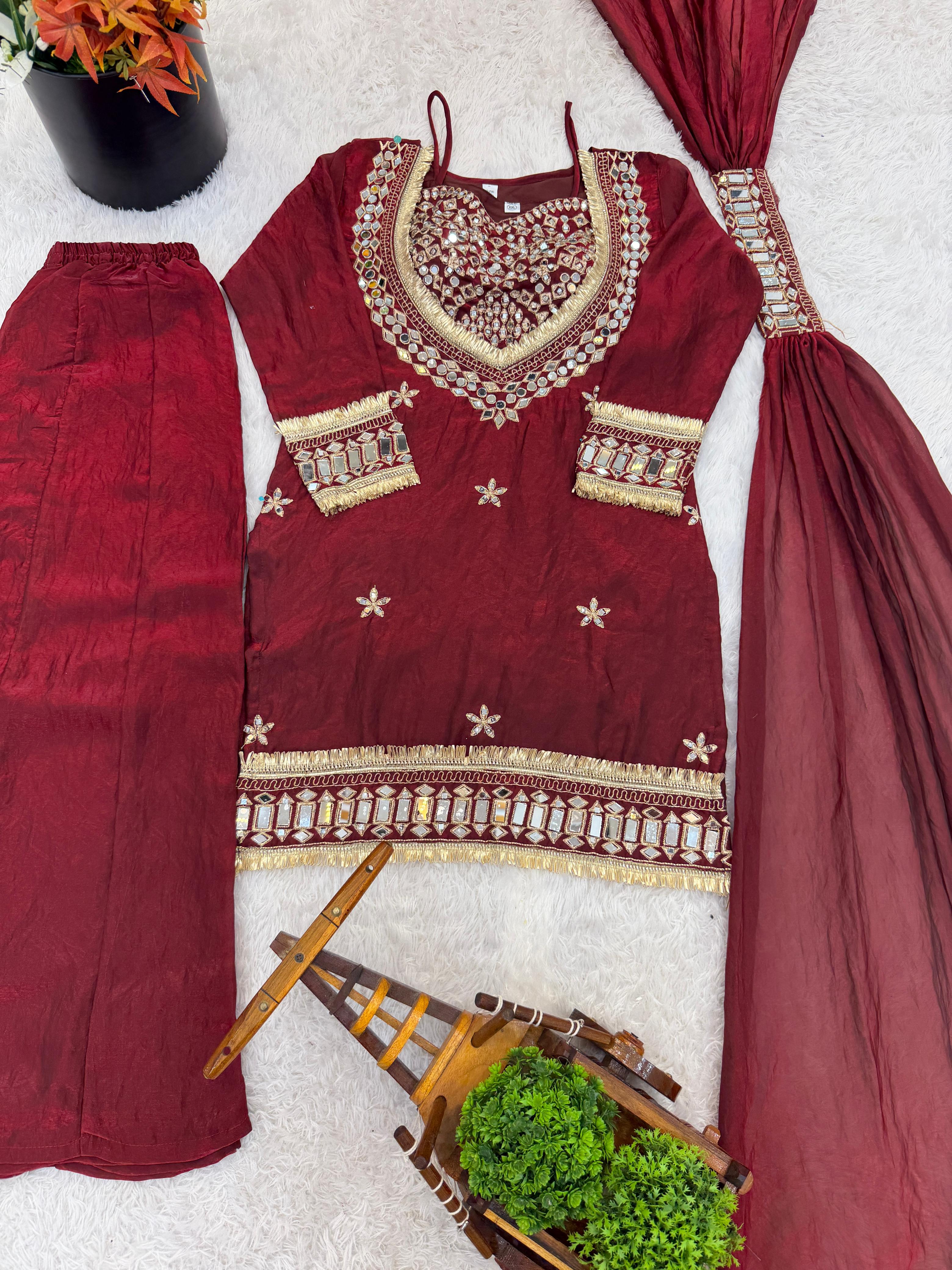 Premium Fendy Silk Mirror Work Top Sharara Set – Ready to Wear