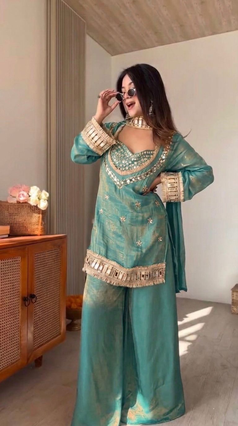 Premium Fendy Silk Mirror Work Top Sharara Set – Ready to Wear