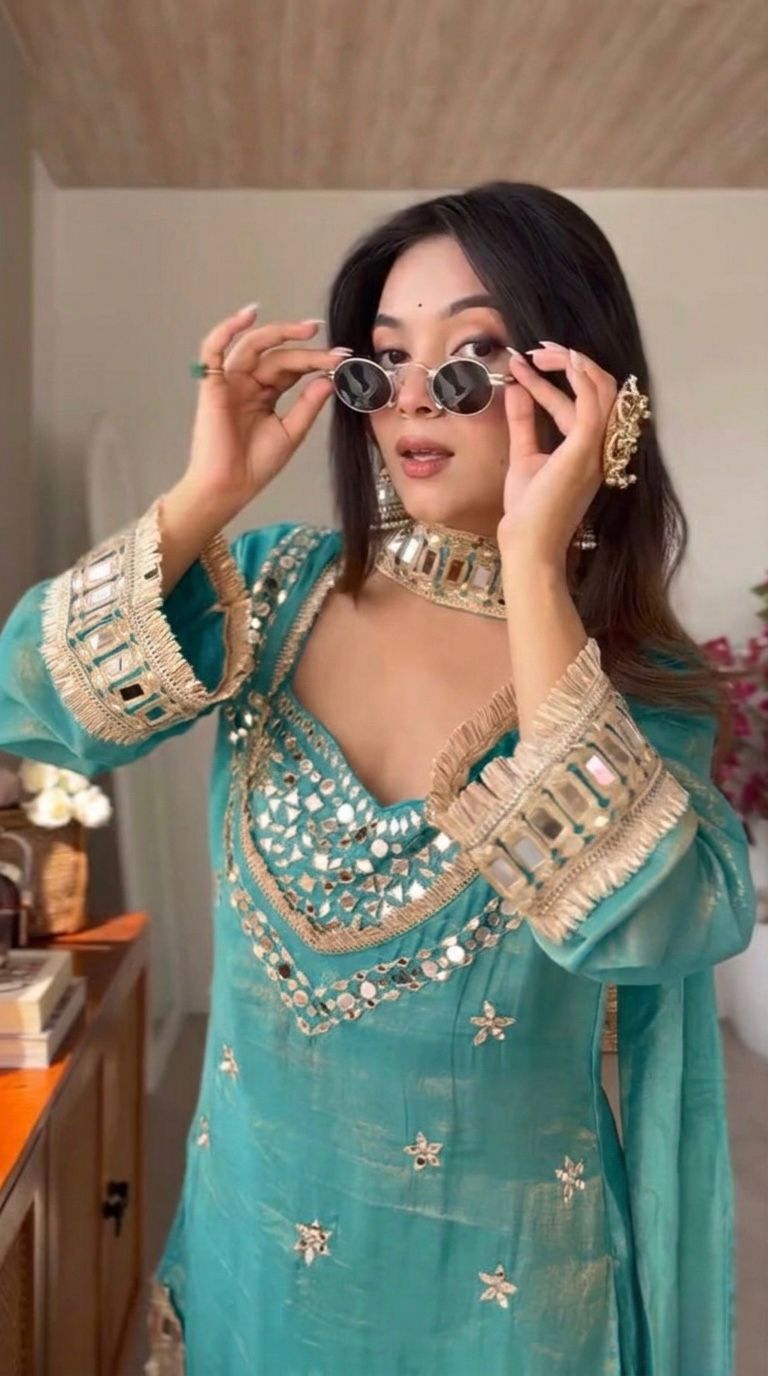 Premium Fendy Silk Mirror Work Top Sharara Set – Ready to Wear