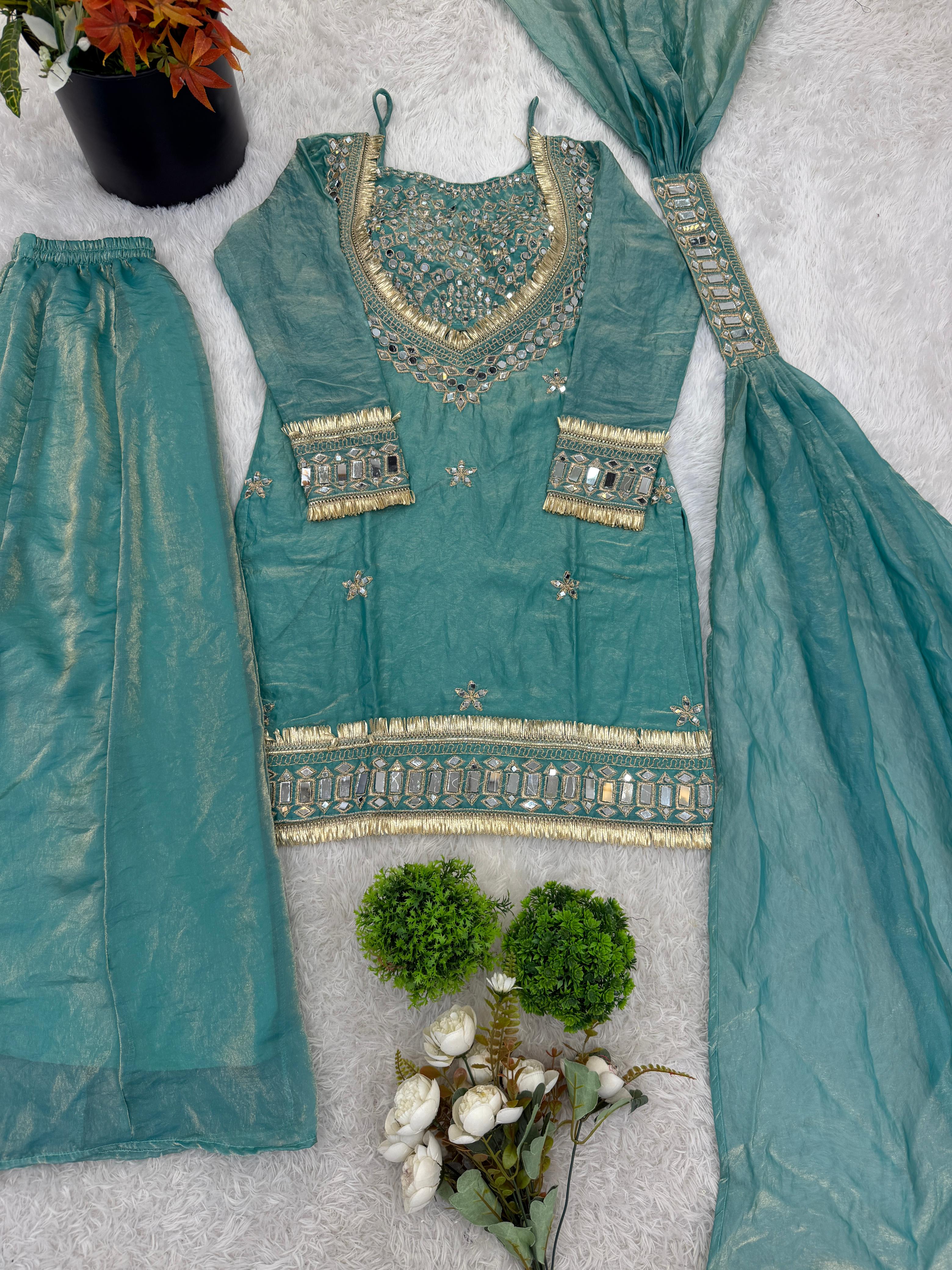 Premium Fendy Silk Mirror Work Top Sharara Set – Ready to Wear