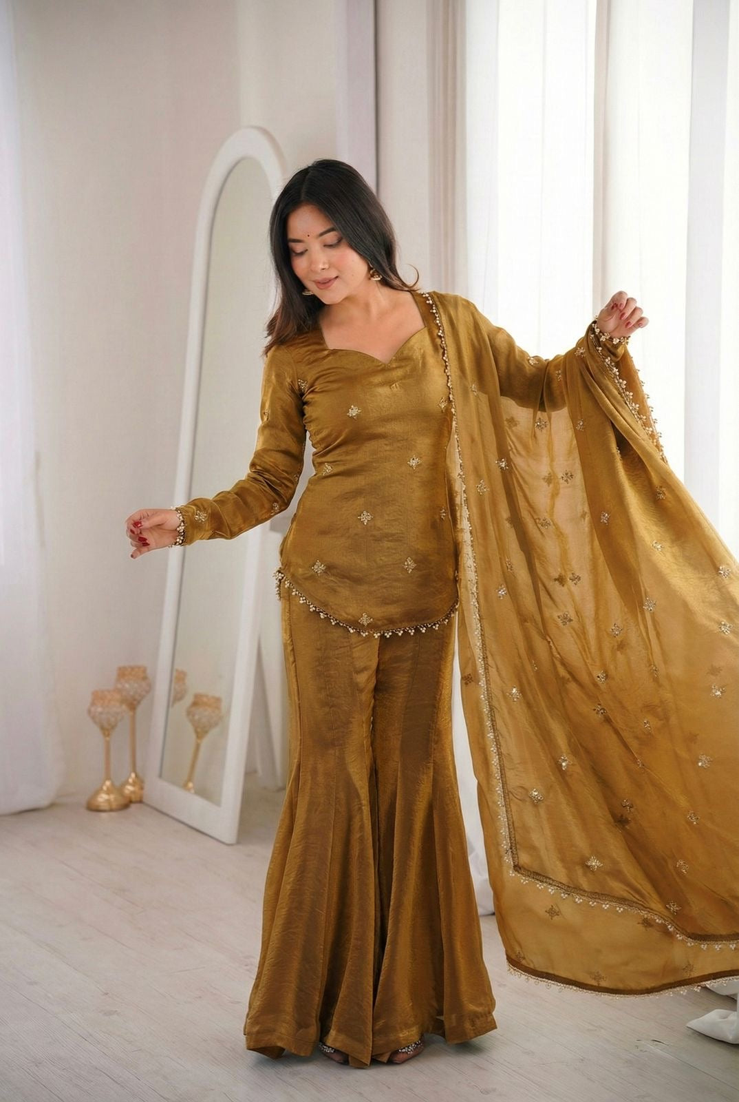 Designer Fendy Silk Top Sharara Palazzo Dupatta Set with Embroidery Sequence Work