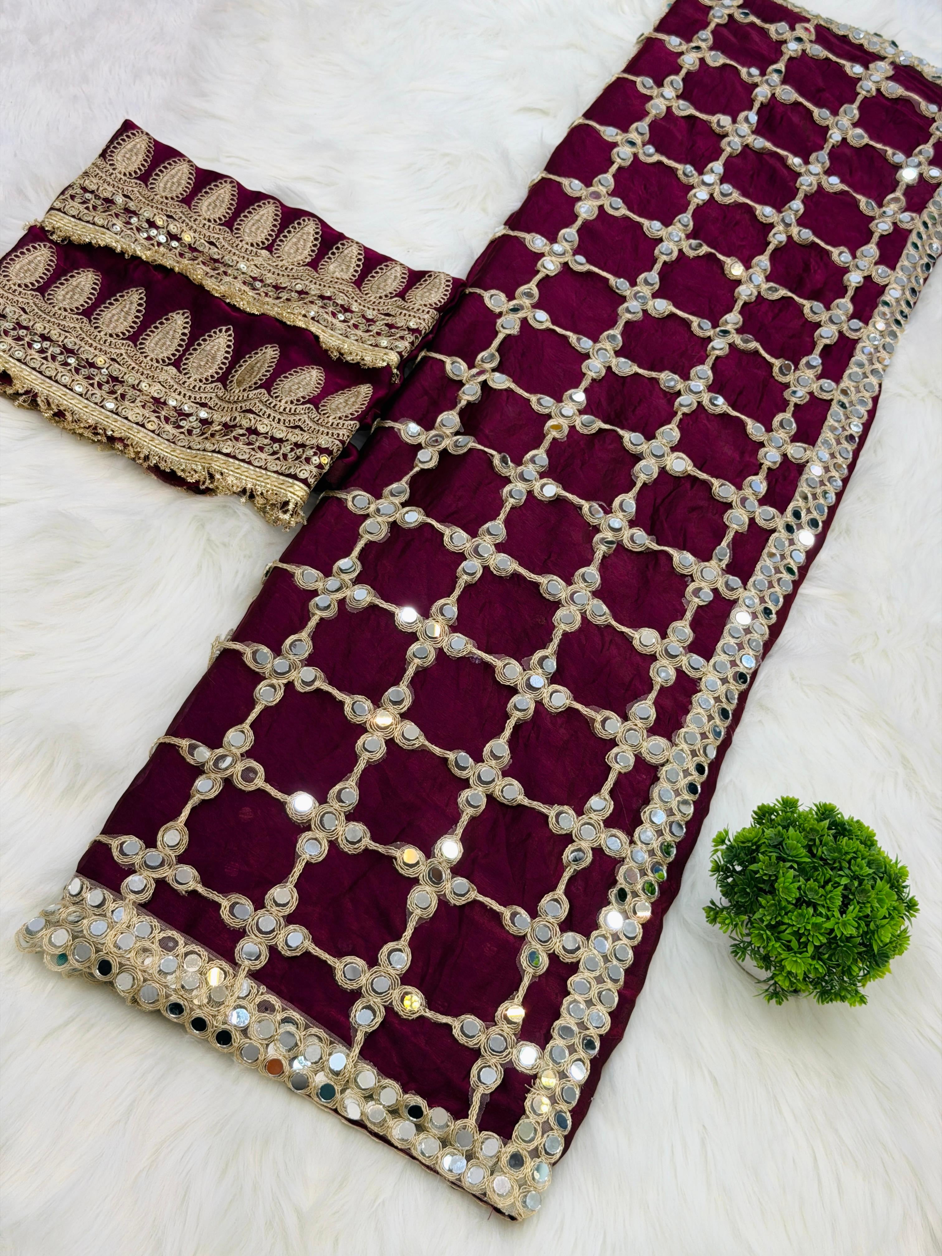 Luxury Real Mirror Work Fendy Silk Saree with Blouse for Women