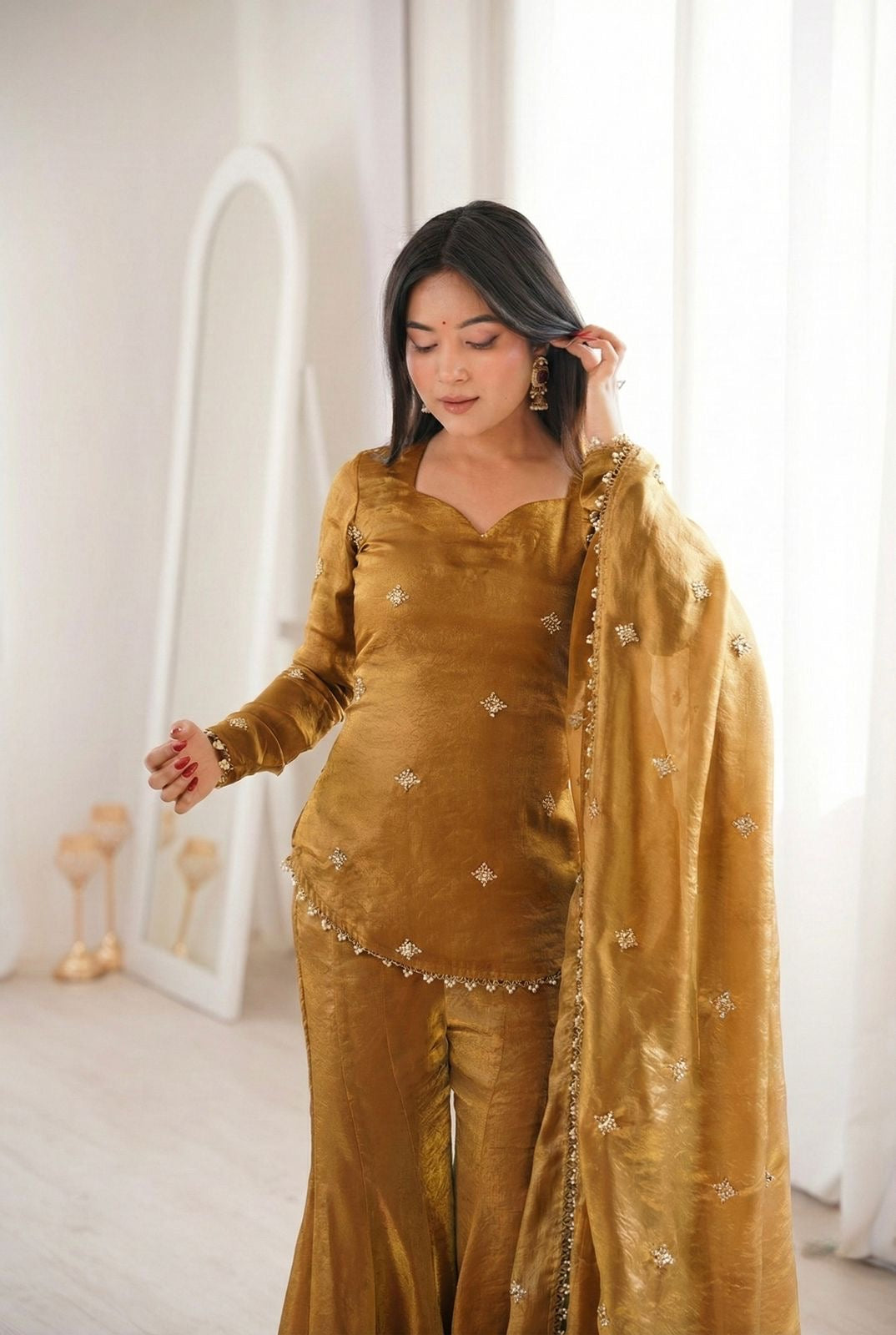 Designer Fendy Silk Top Sharara Palazzo Dupatta Set with Embroidery Sequence Work