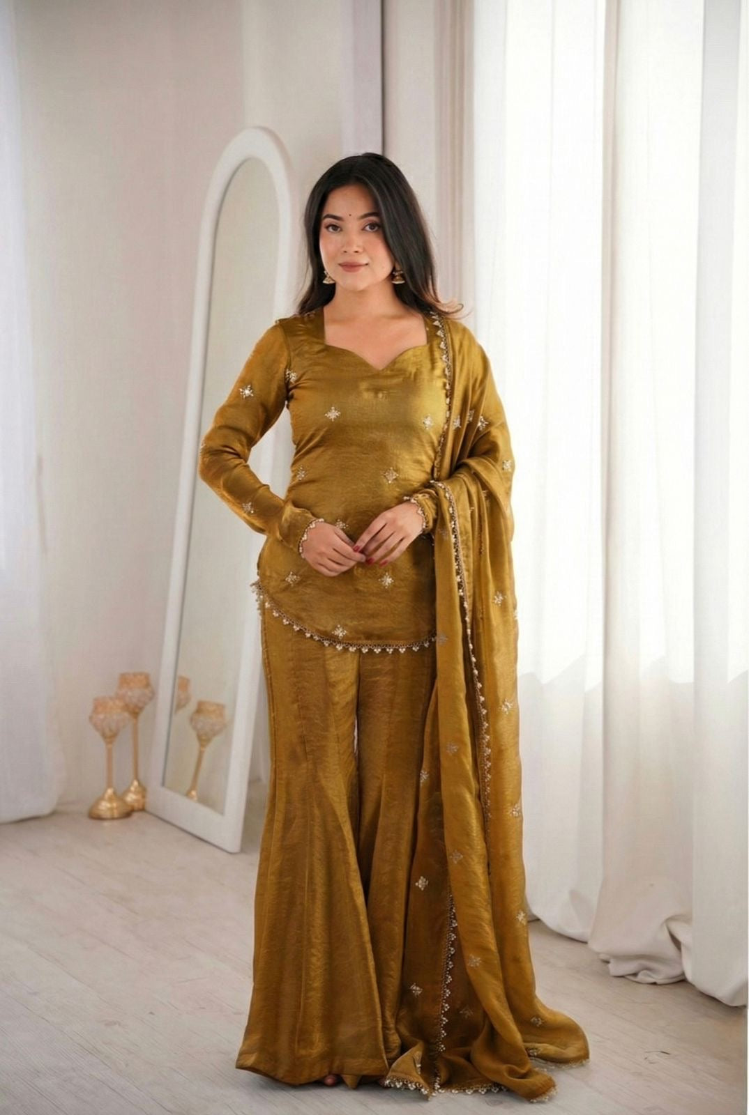 Designer Fendy Silk Top Sharara Palazzo Dupatta Set with Embroidery Sequence Work