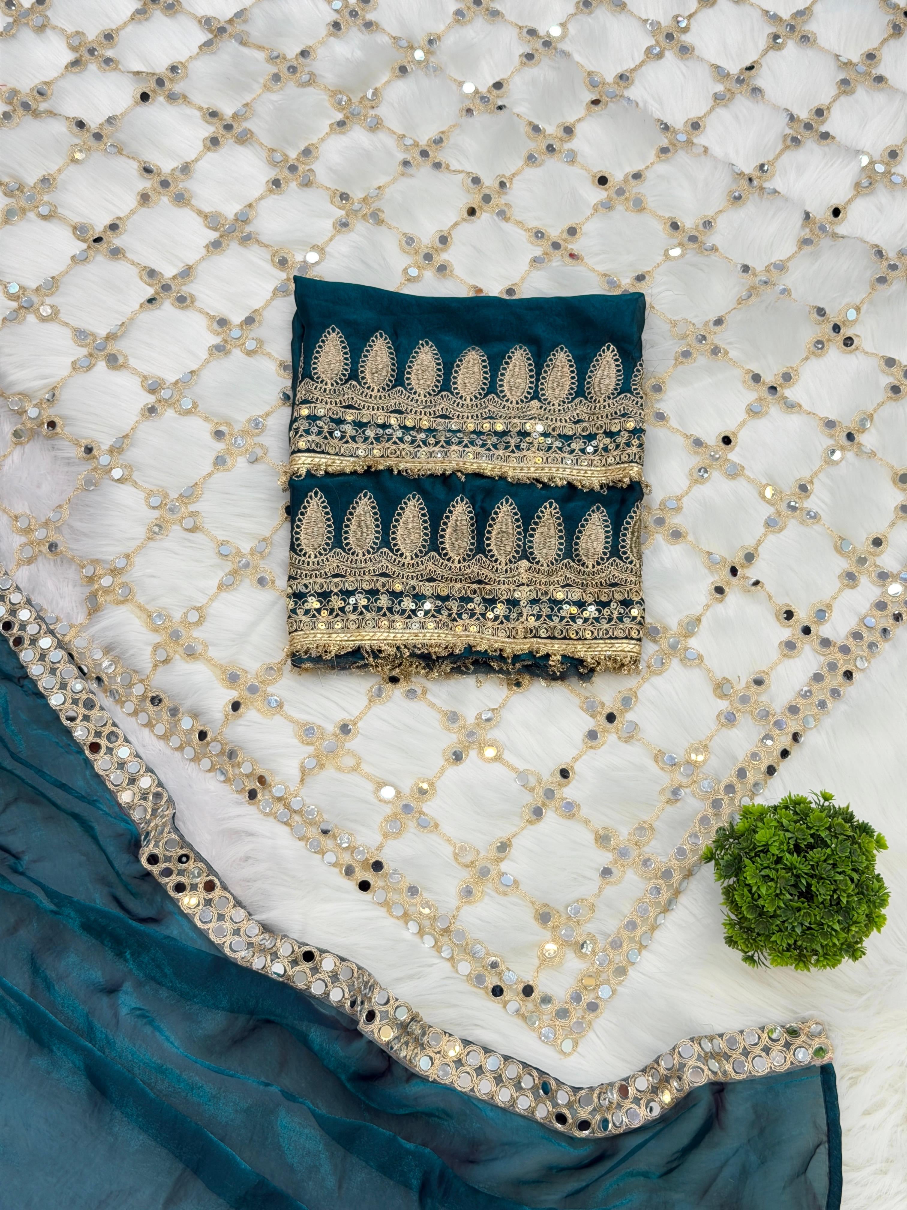 Luxury Real Mirror Work Fendy Silk Saree with Blouse for Women