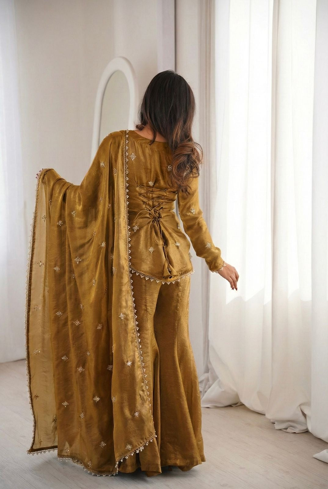 Designer Fendy Silk Top Sharara Palazzo Dupatta Set with Embroidery Sequence Work