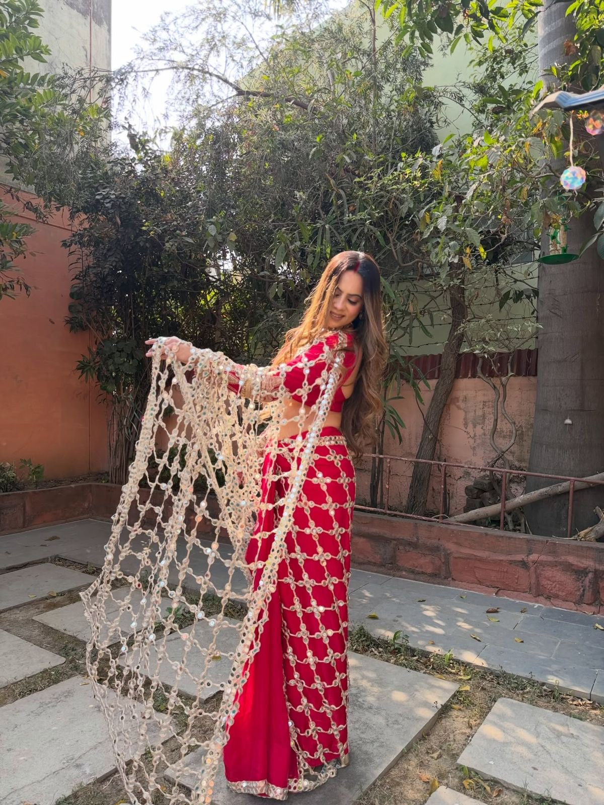 Luxury Real Mirror Work Fendy Silk Saree with Blouse for Women