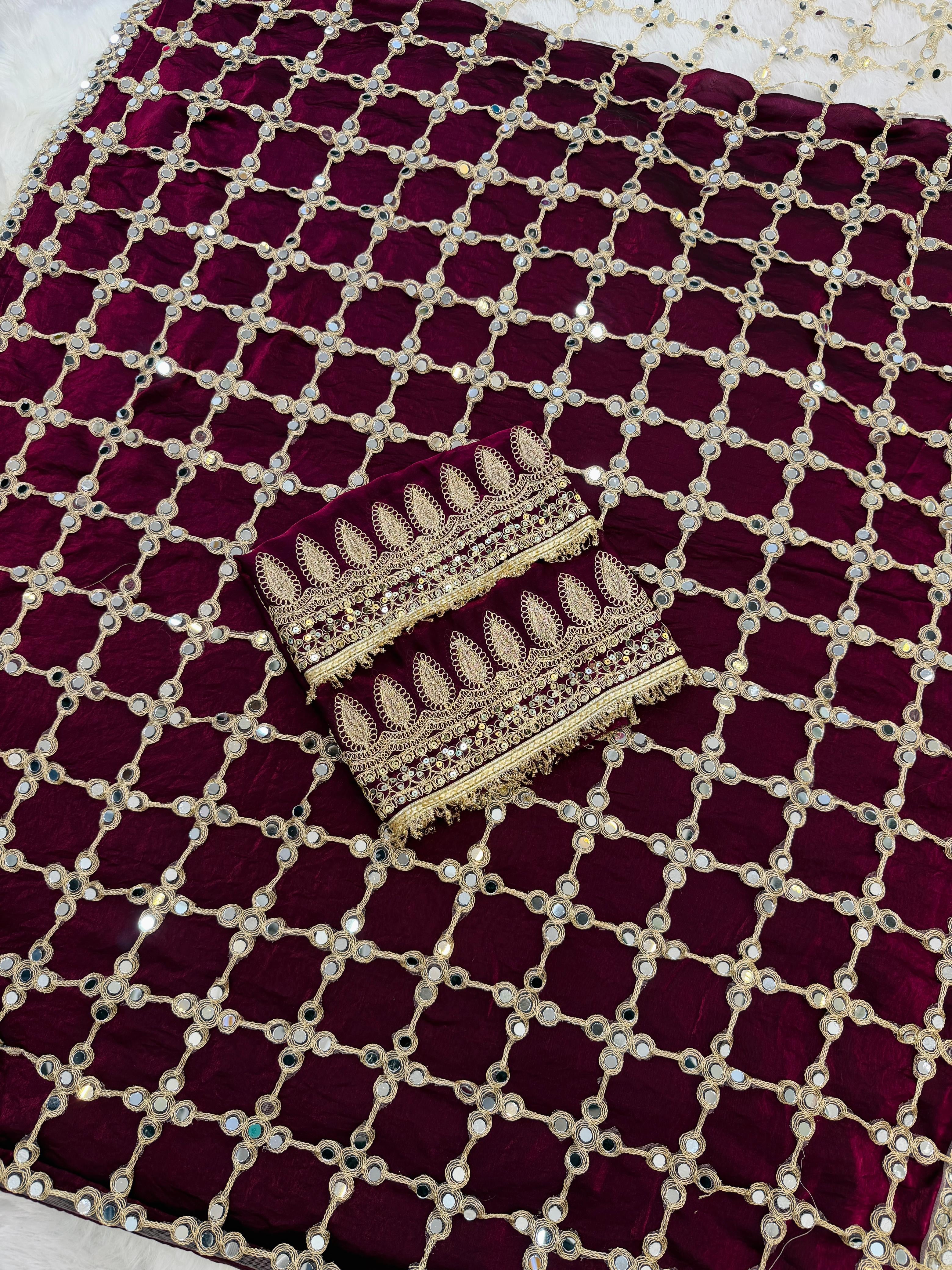 Luxury Real Mirror Work Fendy Silk Saree with Blouse for Women