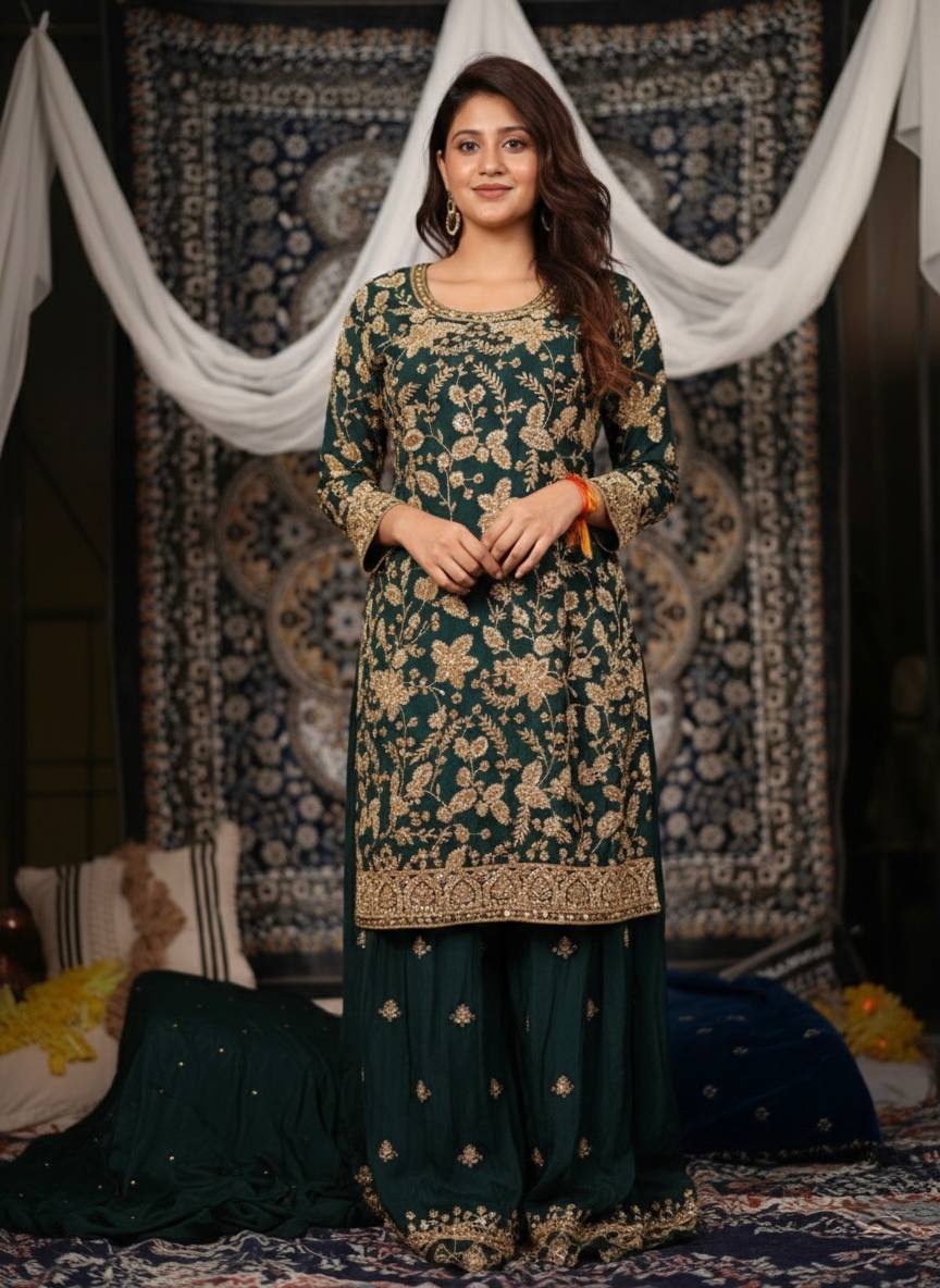 Elegant Semi-Beads Work Kurti and Plazzo Set in High-Quality Chinon