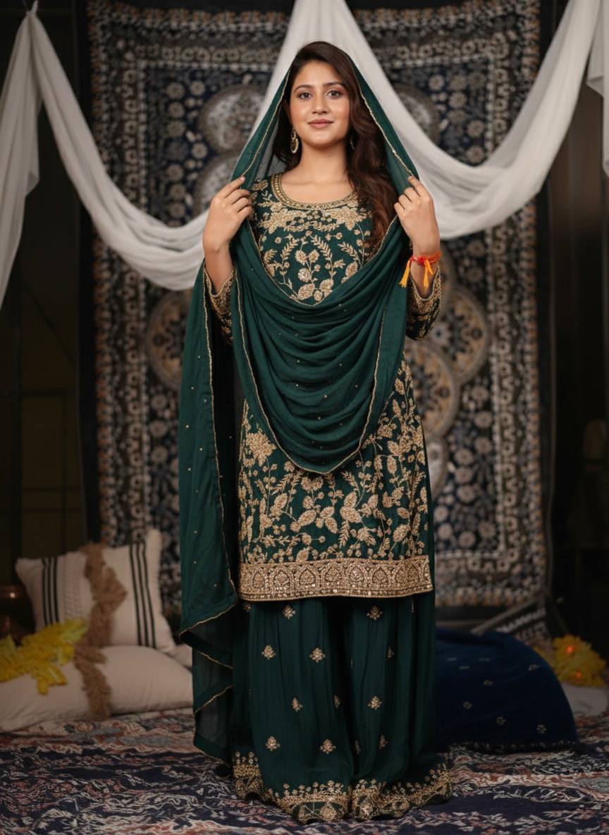 Elegant Semi-Beads Work Kurti and Plazzo Set in High-Quality Chinon