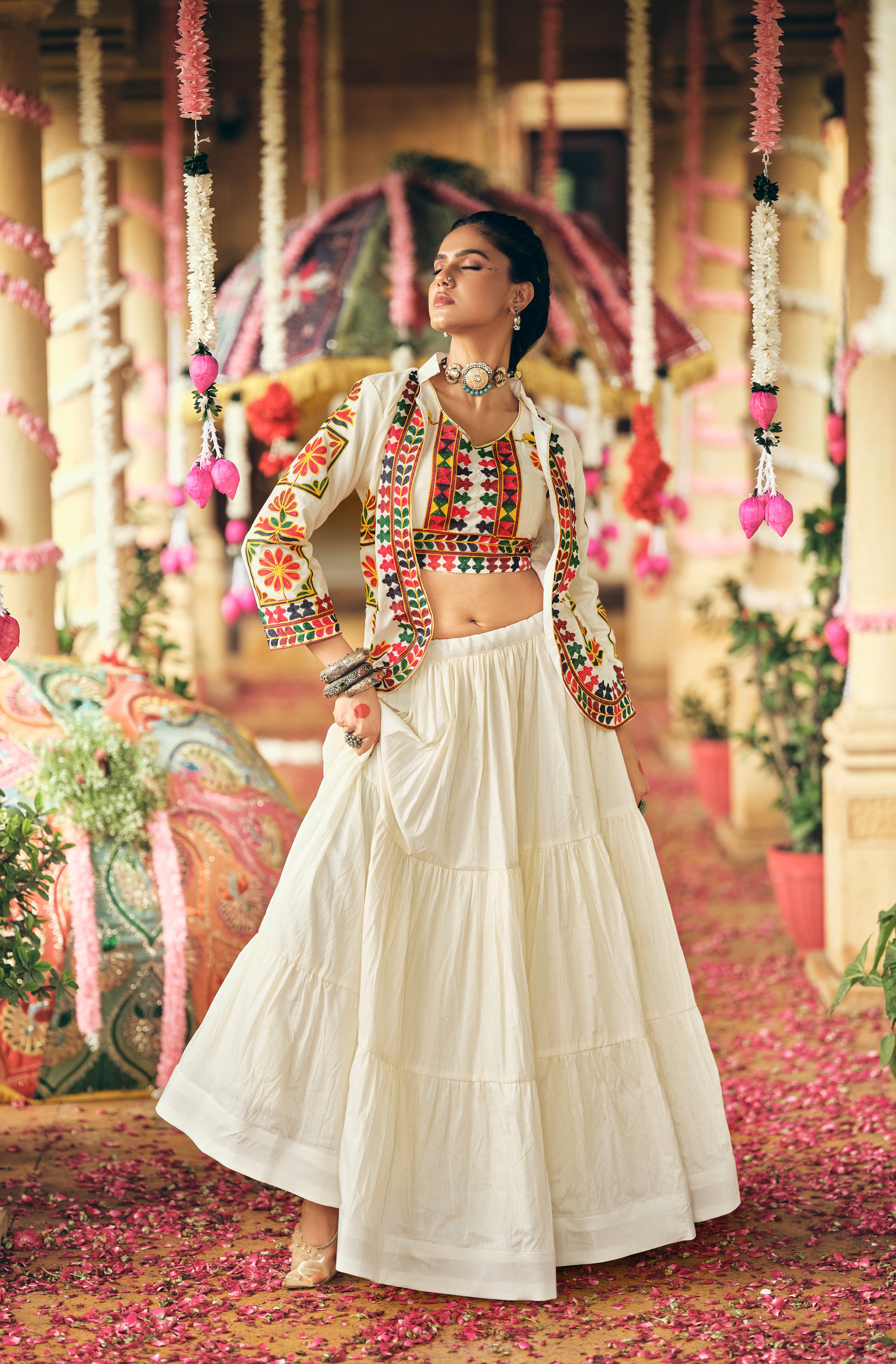 Designer 3-Piece Cotton Lehenga Koti Set - Full Stitch