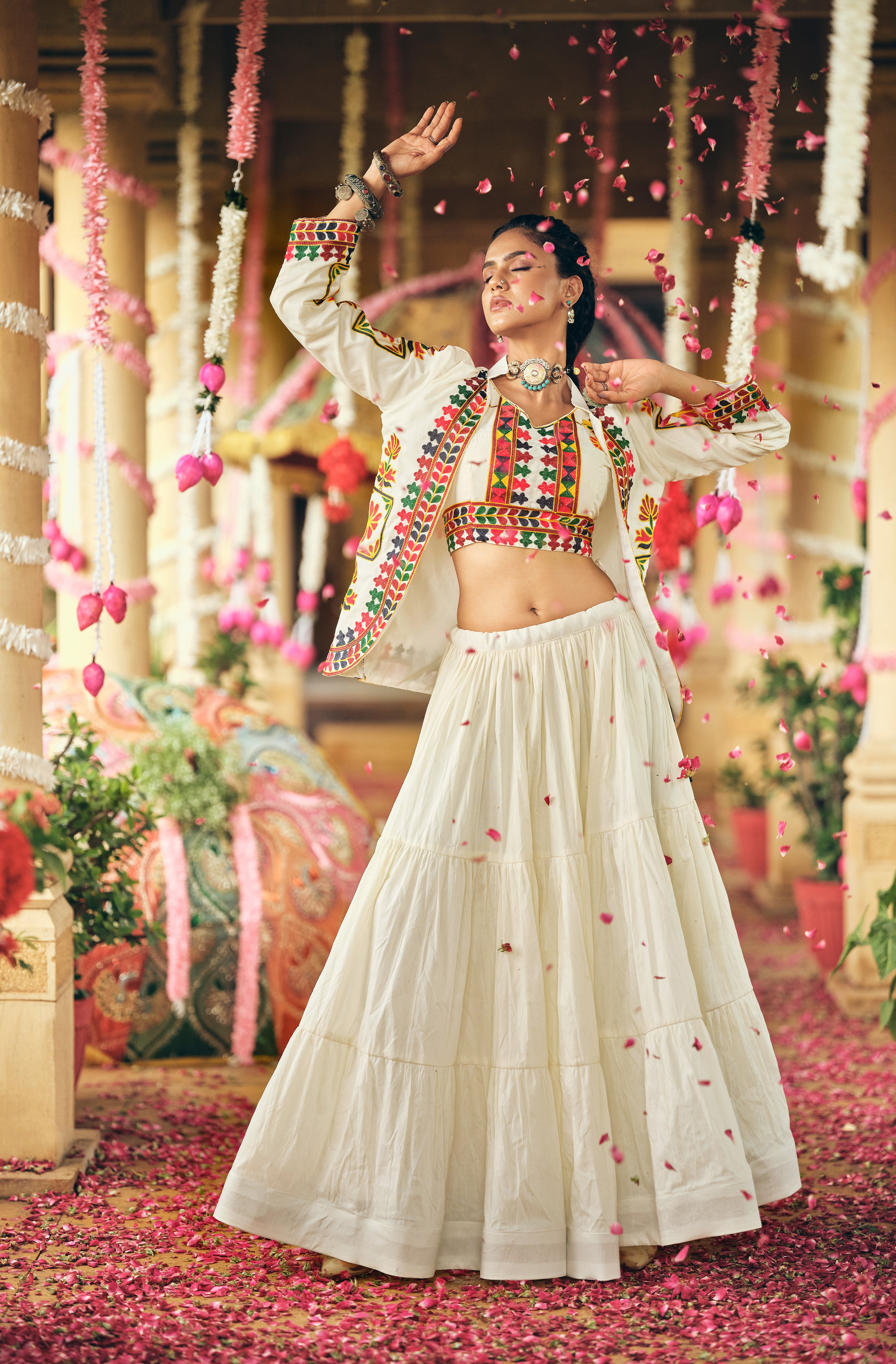 Designer 3-Piece Cotton Lehenga Koti Set - Full Stitch