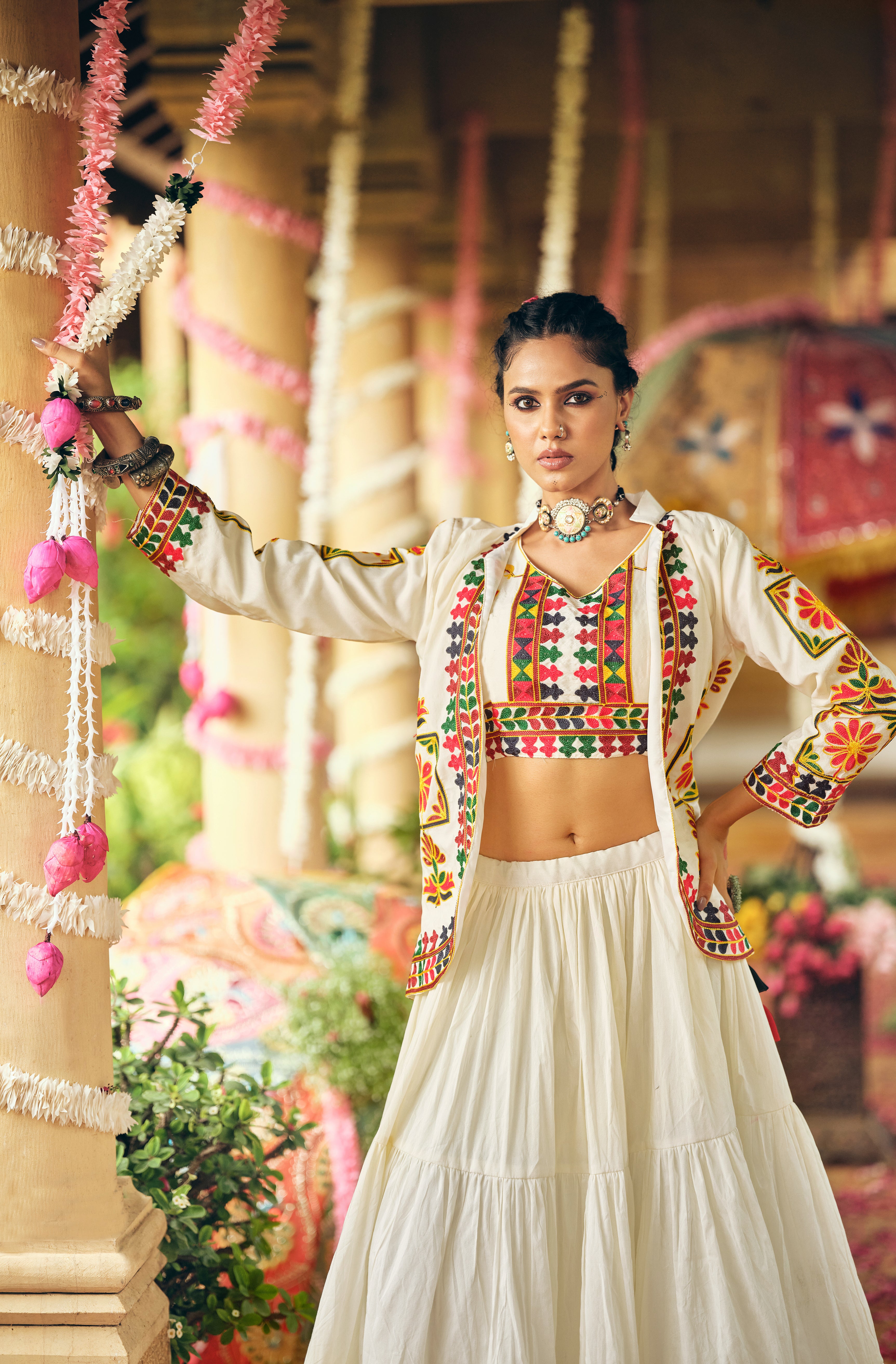 Designer 3-Piece Cotton Lehenga Koti Set - Full Stitch