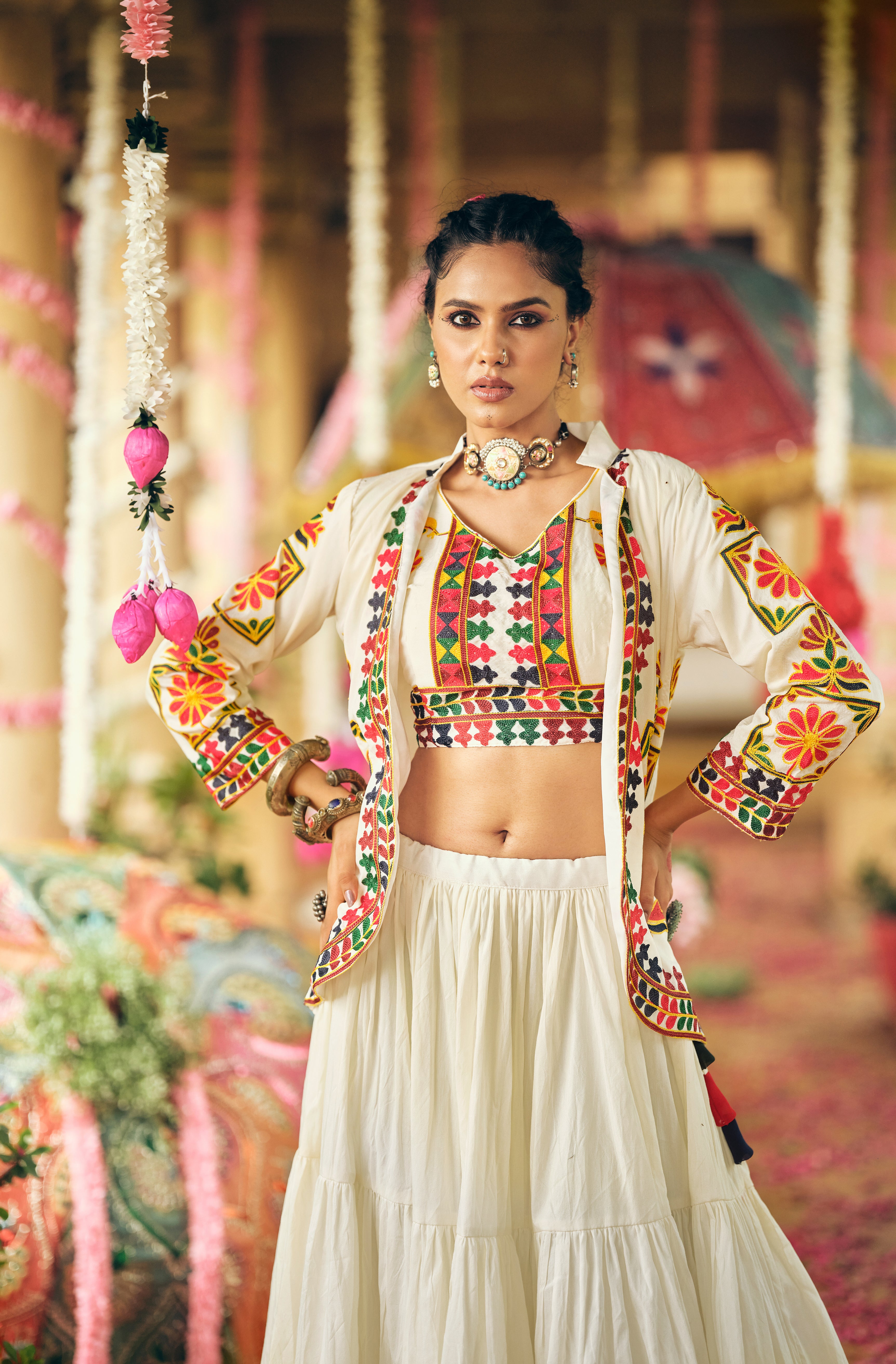 Designer 3-Piece Cotton Lehenga Koti Set - Full Stitch